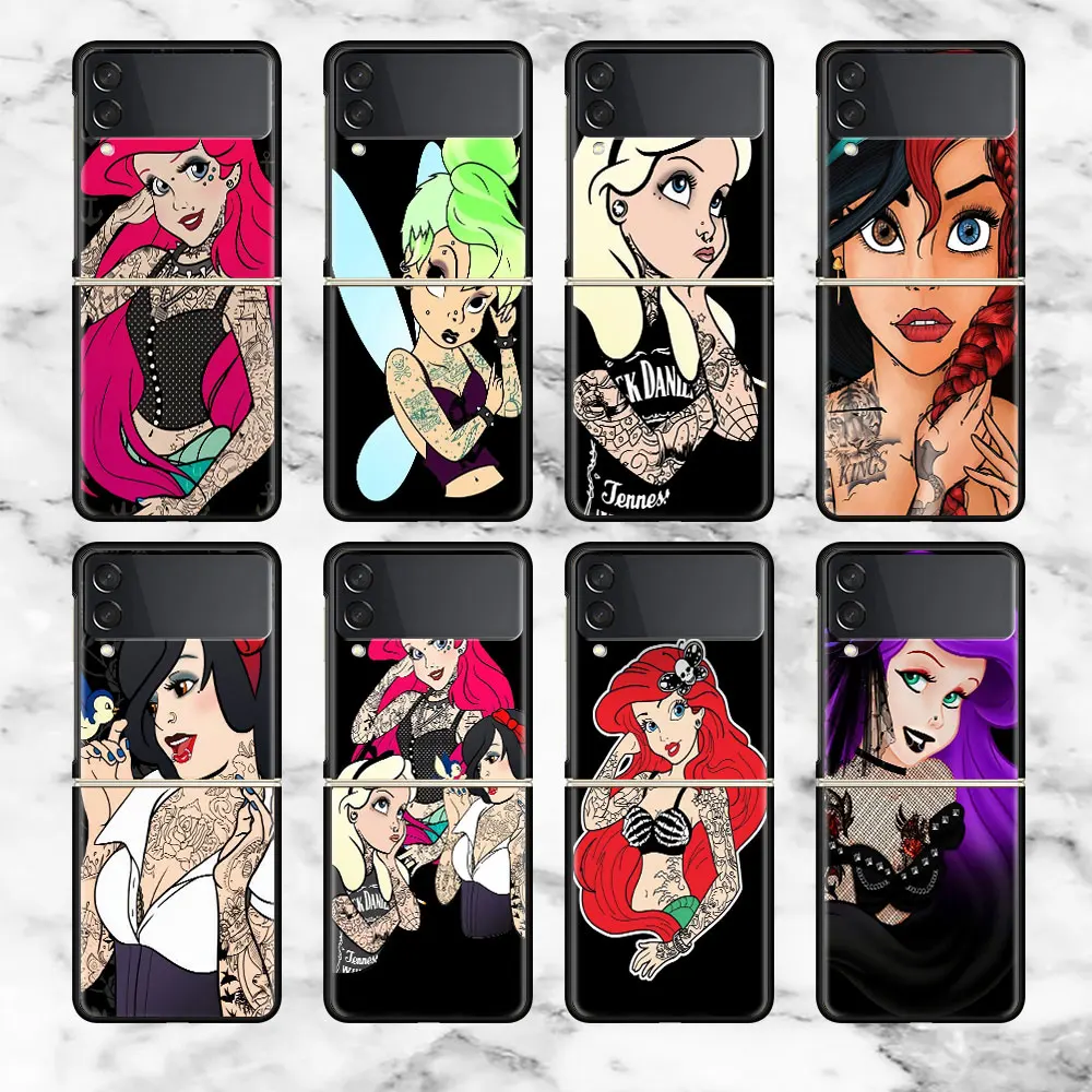 

Tattoo Disney Princess Phone Case For Samsung Galaxy Z Flip 3 5G Black Hard Luxury Bumper ZFlip3 Fashion Fall Prevention Cover