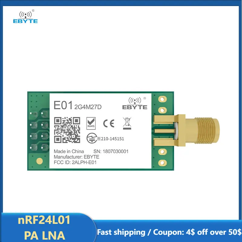 Модуль беспроводного приемопередатчика nRF24L01 PA LNA nRF24L01P, 2,4 ГГц, 27 дБм, большие расстояния, маленький размер для умного дома, E01-2G4M27D