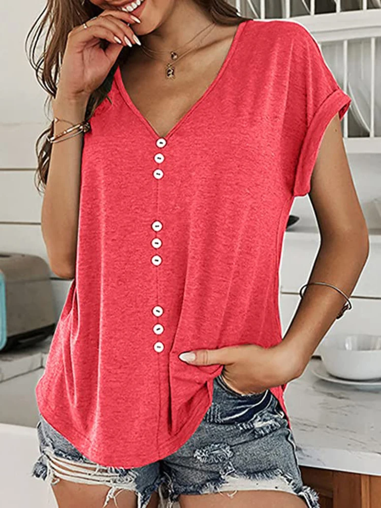 

Однотонные футболки, винтажные Летние повседневные женские топы, свободная футболка с V-образным вырезом, украшенная пуговицами, с коротким рукавом, женская уличная одежда, футболки