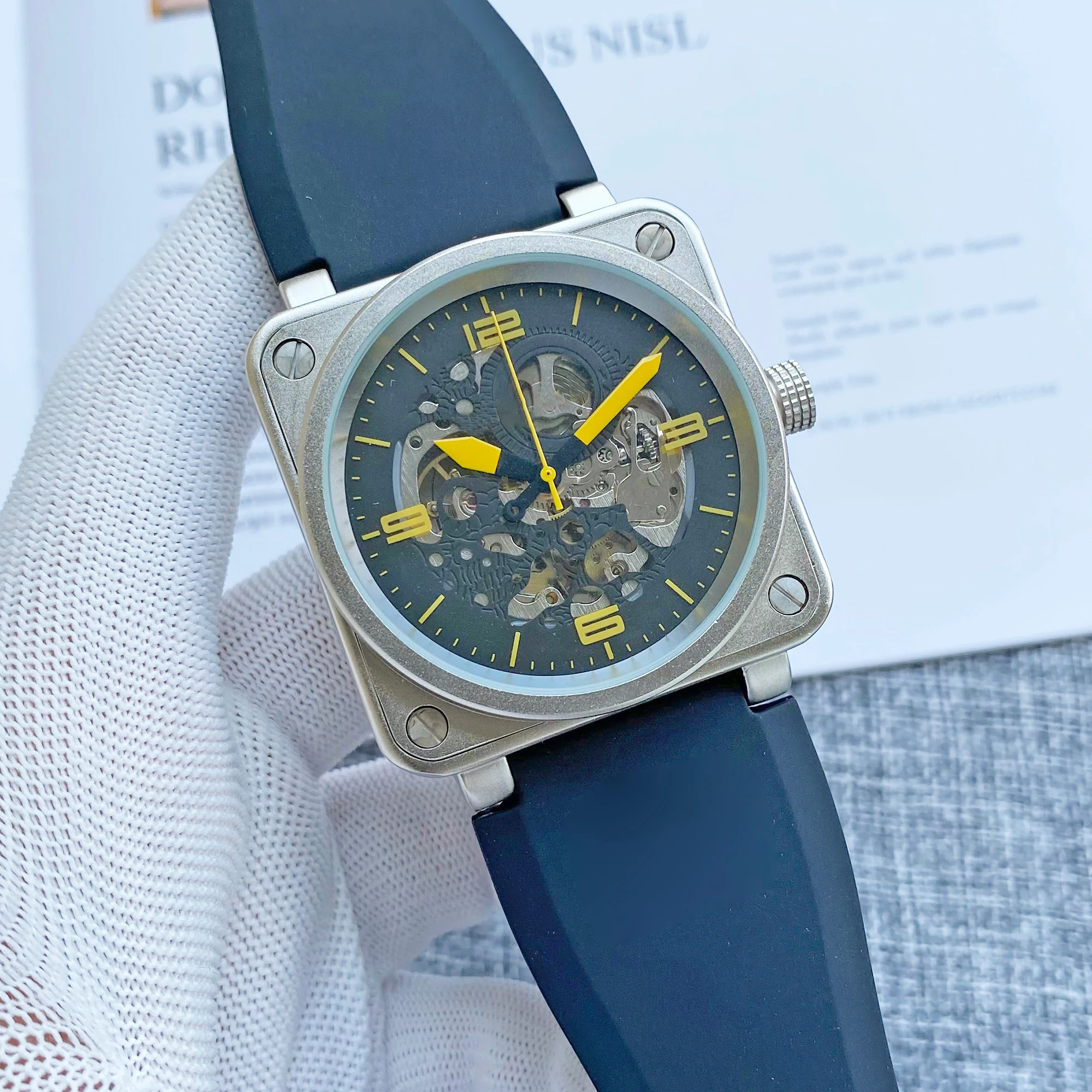 

NEW Luxury brand BR automatic mechanical mens watch rubber Ross Square frosted Stainless steel Fashion big dial Man Wristwatch