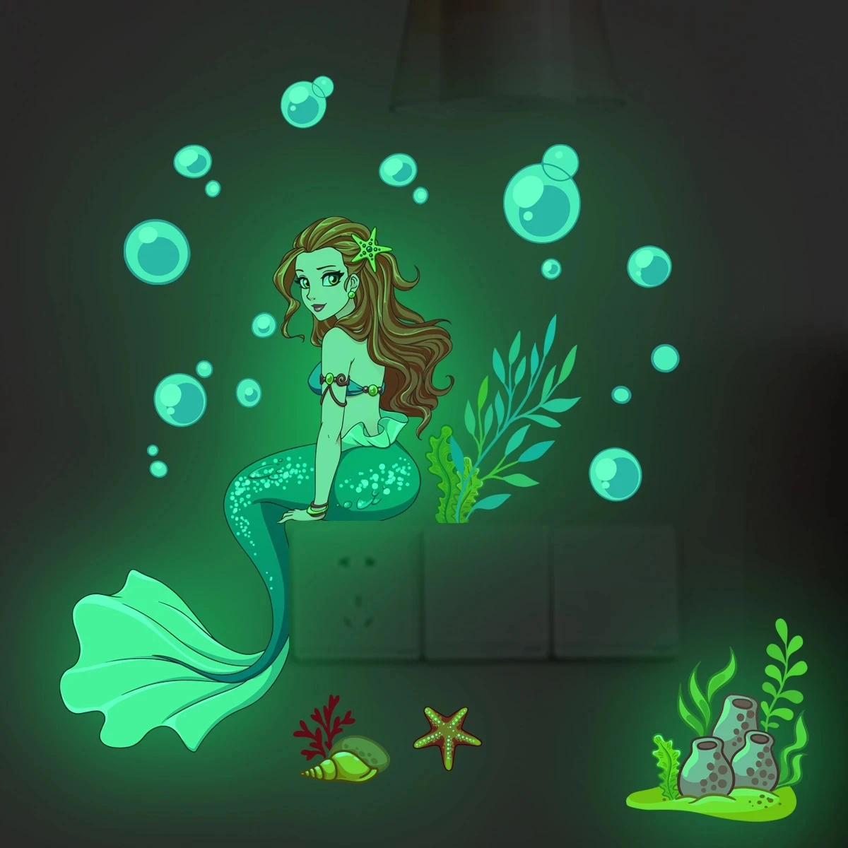 

Mermaid Fairy Mushroom Luminous Wall Stickers Kids Girls Room Home Decor Glow In The Dark Fluorescent Light Switch Stickers