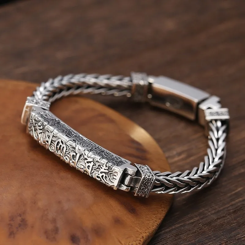 

100% S925 Sterling Silver Bracelets 2022 Popular Six Syllable Mantra Buddhist retro Thai silver Woven-chain Pure Argentum