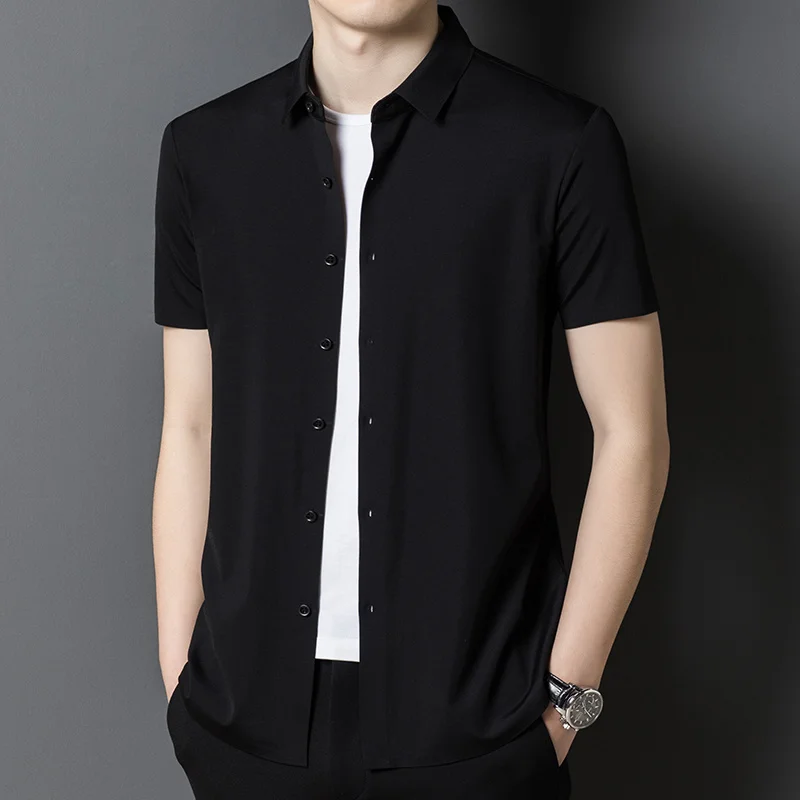 

Men's High-End Non-Ironing Seamless with Mulberry Short Sleeve T-shirt Shirt Summer Youth Ice Silk Leisure