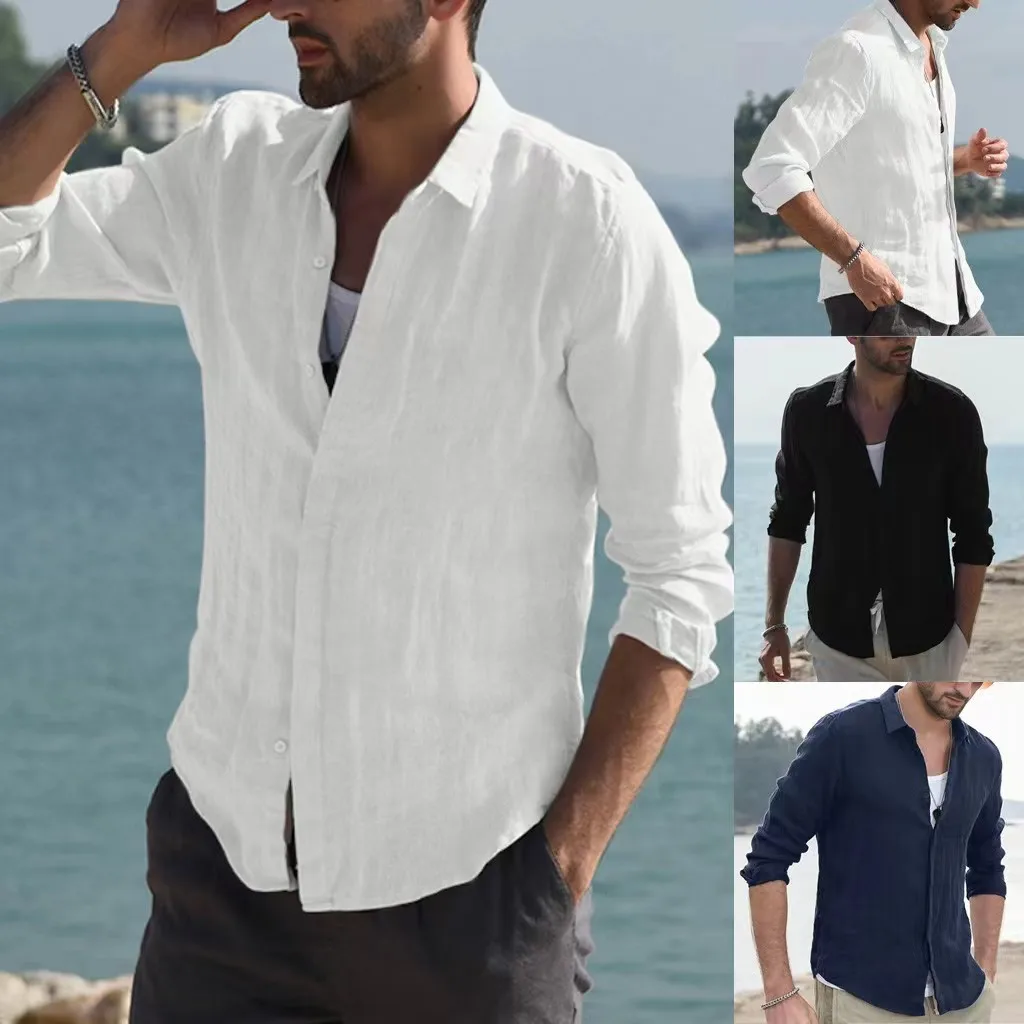 

2023 Spring Autumn Solid Men Shirt Long Sleeve Button Hawaiian Cotton Linen Shirt For Men Blouse Camisa Masculina Streetwear