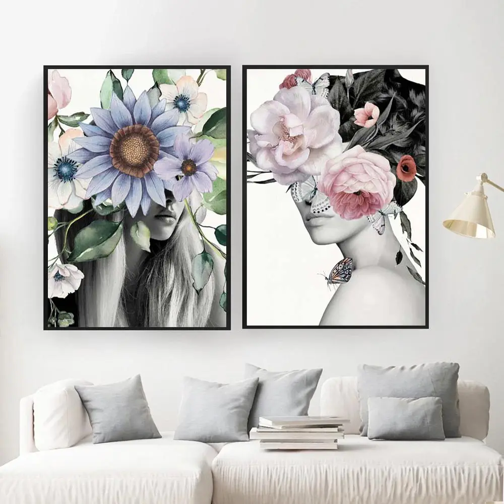 Постер в скандинавском стиле с изображением головы Женщины цветка бабочки
