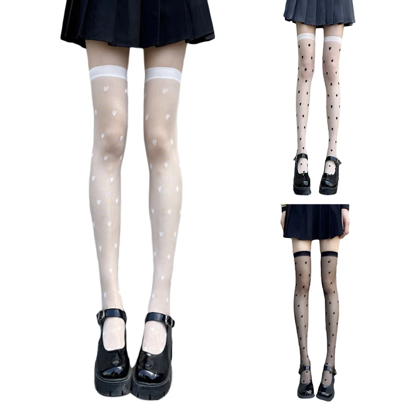 

Women Sheer Thigh High Socks Harajuku Heart Love Pattern Over Knee Stockings