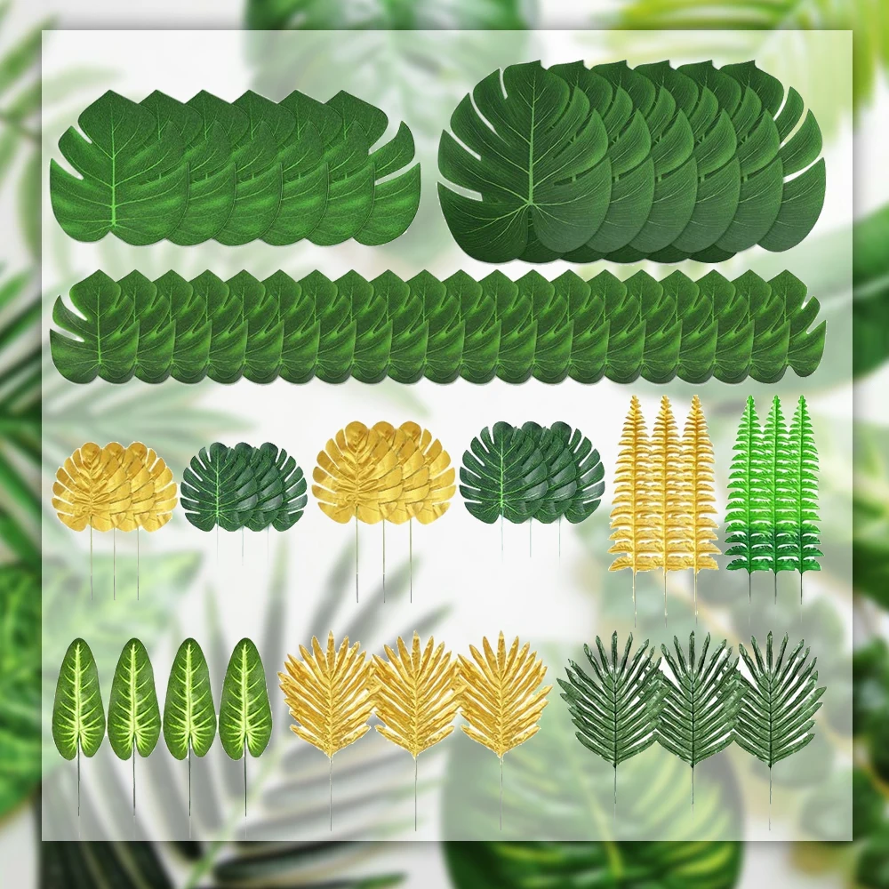 

60pcs Green Artificial Tropical Palm Leaves Monstera for Hawaiian Summer Jungle Theme Party Wedding Birthday Home Table Decor