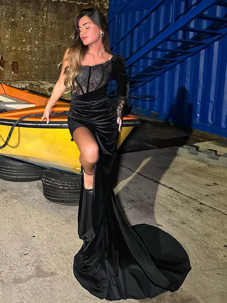 

Black Velvet Evening Dresses for Womenn 2023 One Shoulder Mermaid Evening Gowns Long Sleeve Lace High Slit Sexy Party Dress