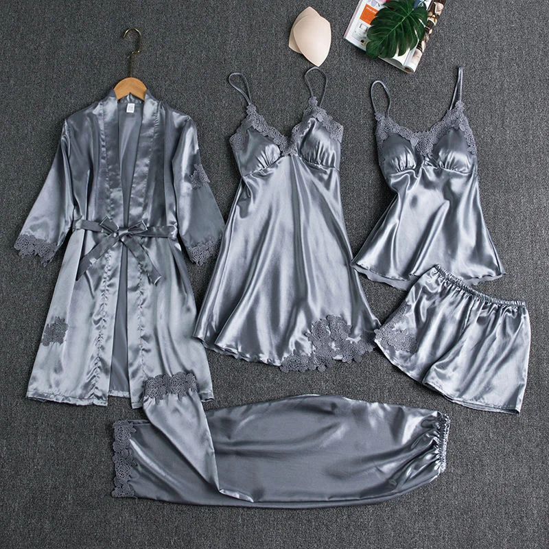 

Sleepwear Female 5PCS Pajamas Set Satin Pyjamamas Lace Patchwork Bridal Wedding Nightwear Rayon Home Wear Nighty&Robe Suit