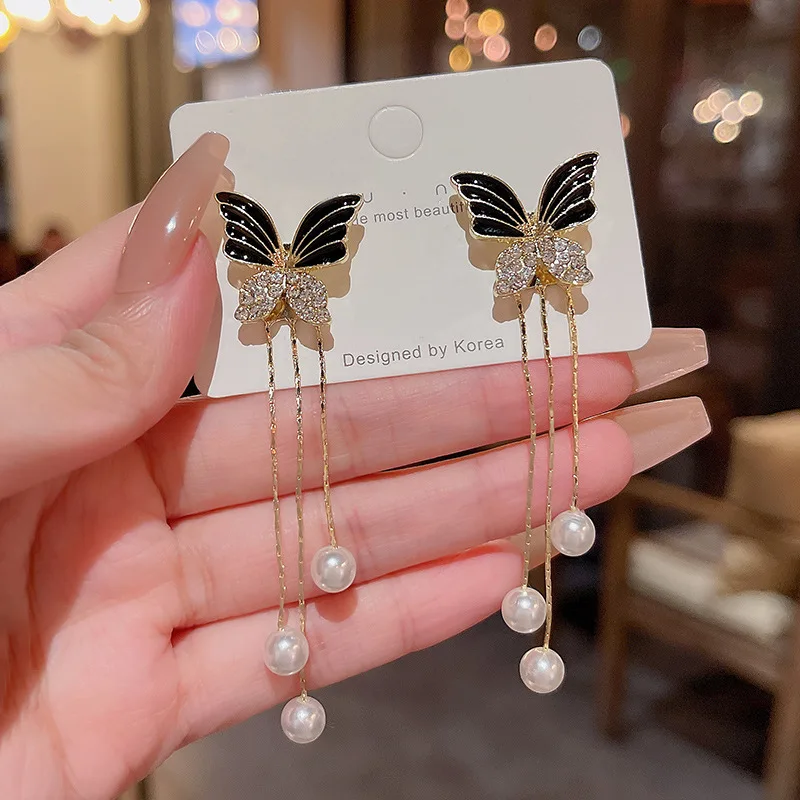 

South Korea's new black butterfly earrings for women's one pair of earrings ins trendy long tassel earrings