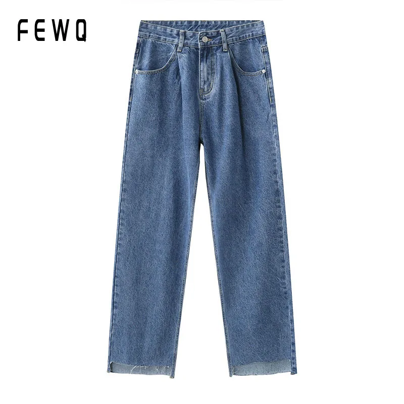 

FEWQ New Casual Loose Fashion Design Style Men's Jeans Irregular Daily Versatile Simple Solid Colors Straight Leg Pants 24X1016