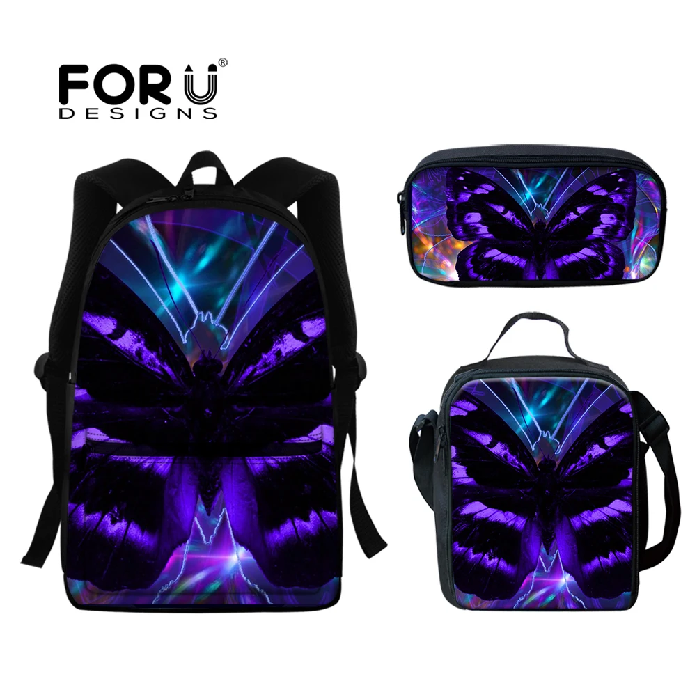 

FORUDESIGNS Purple Butterfly Printing Large Capacity 3pcs School Bookbag for Teenager Student Causal Bags Kids Backpack Durable