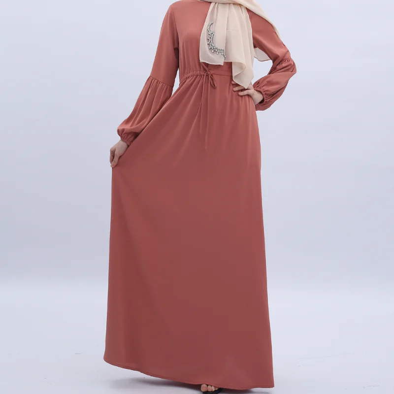 

Muslim Abayat solid color lantern sleeves elastic cuffs Robe Femme Musulman slim elegant ladies dress for Europe and America