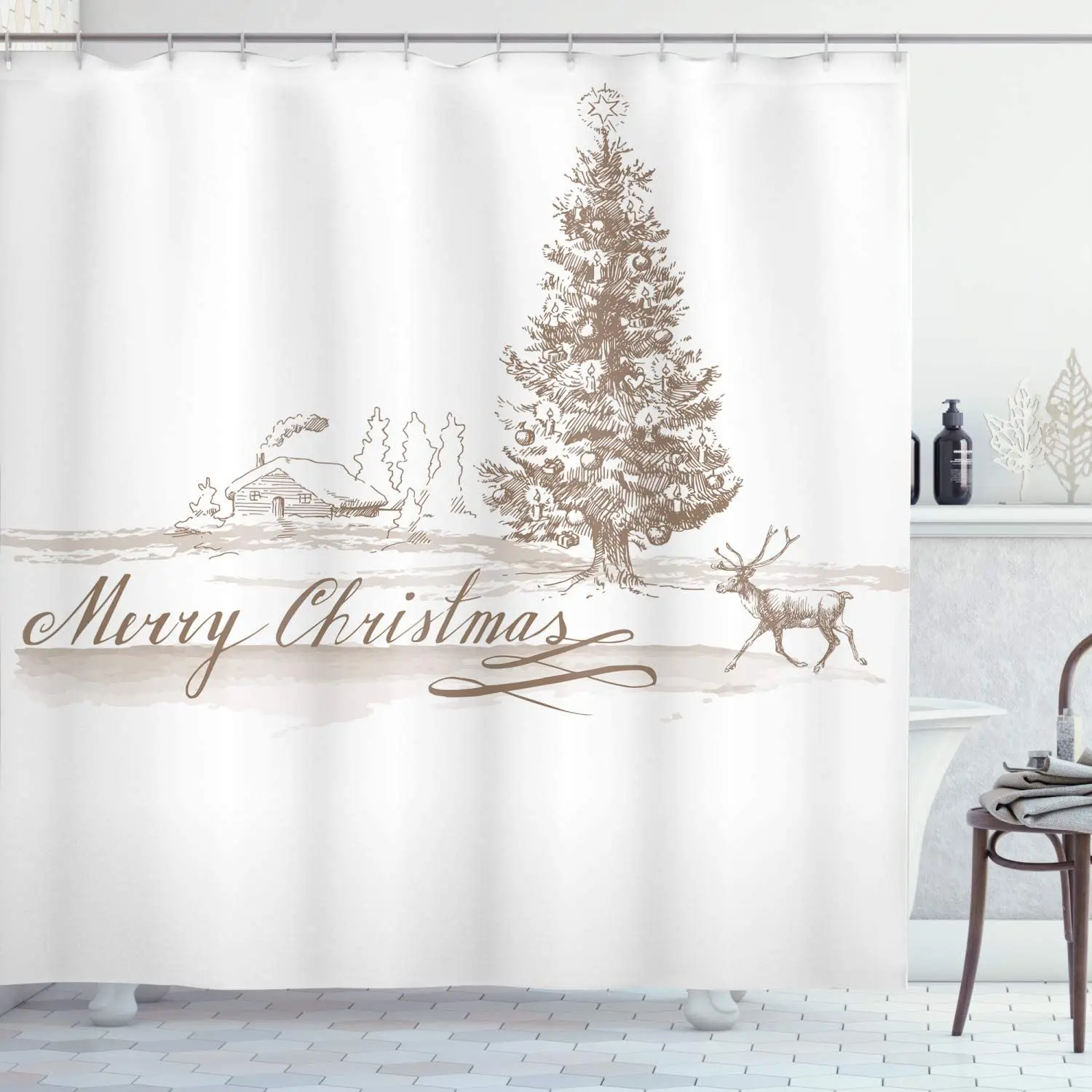 Christmas Shower Curtains Romantic Vintage New Year Scenery Xmas Reindeer Trees Star Design Fabric Bathroom Decor Set with Hooks