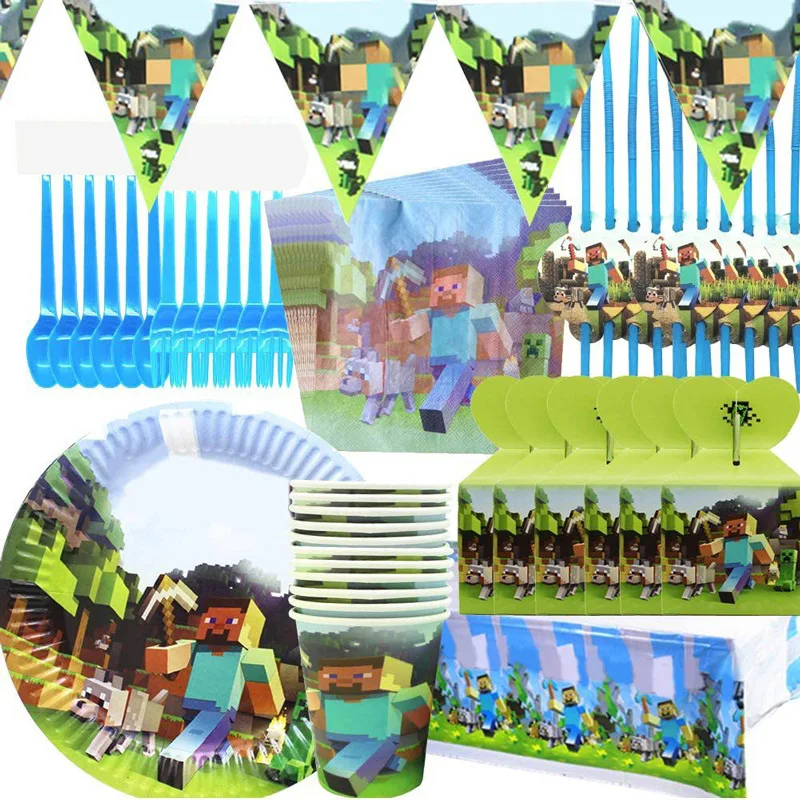 

Baby Shower Birthday Party Supplies Set Cartoon Game Decoration Birthday Party Decor Boys Mining Pixel Game Disposable Tableware