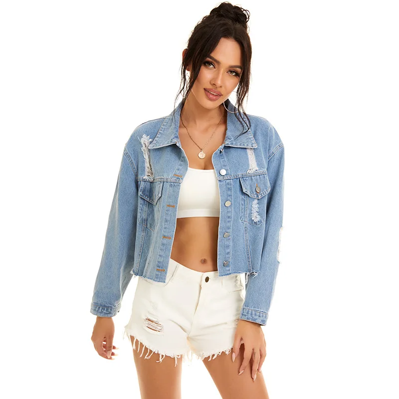 

Denim Jacket Women Water Washed Hole Tassel Short Denim Jacket Women Coat Women