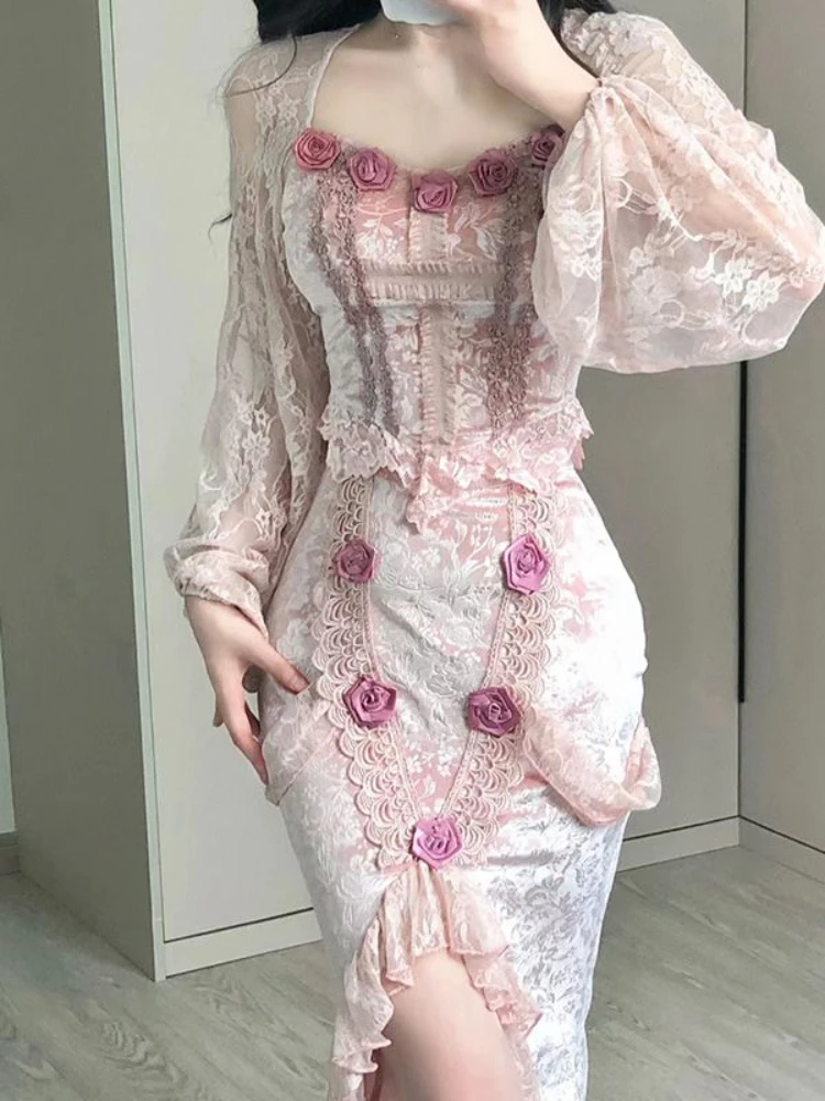 

Floral France Vintage Two Piece Set Women Elegant Party Open Fork Skirt Suit Female Korean Sweet Lace Sexy Fairy Set Summer 2023