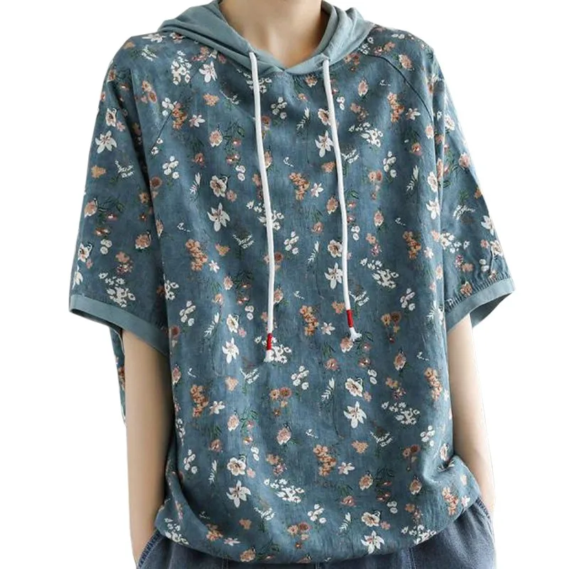 Bohemia Style Retro Casual Summer Women T Shirt New Arrivals Broken Flower Harajuku Print Tees Hooded Denim Blue Tops Female
