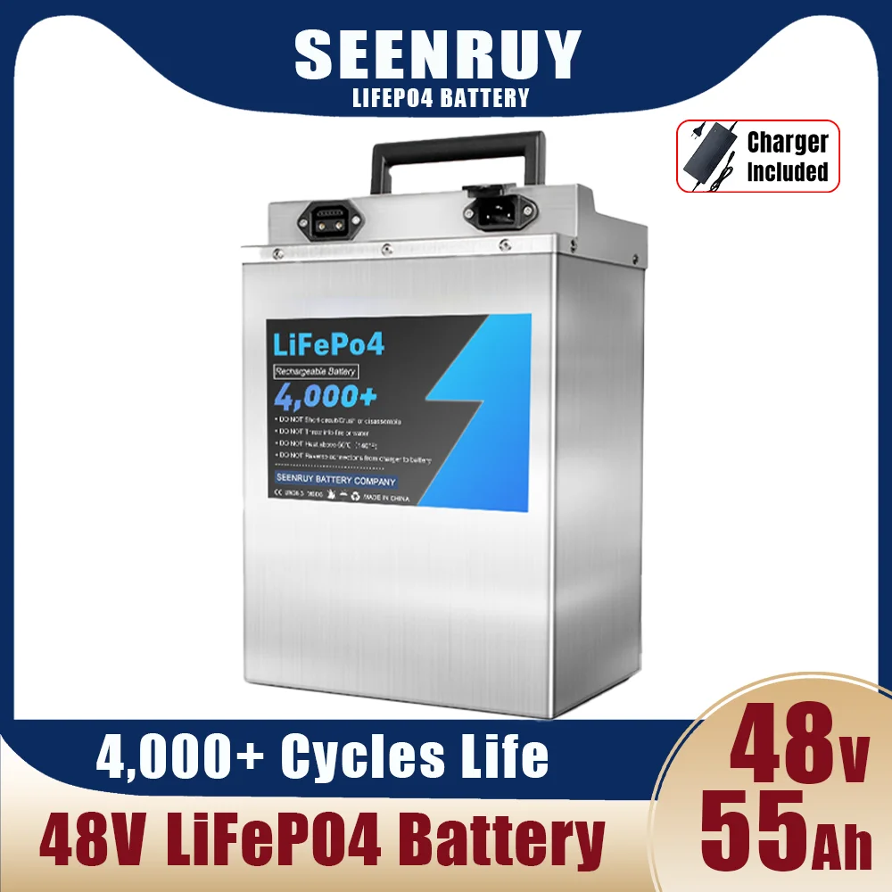 Аккумулятор Lifepo4 48 В 55 Ач, Встроенный BMS 1000 Вт 2000 Вт для электрической инвалидной коляски, мотоцикла, трицикла с зарядным устройством 10 А