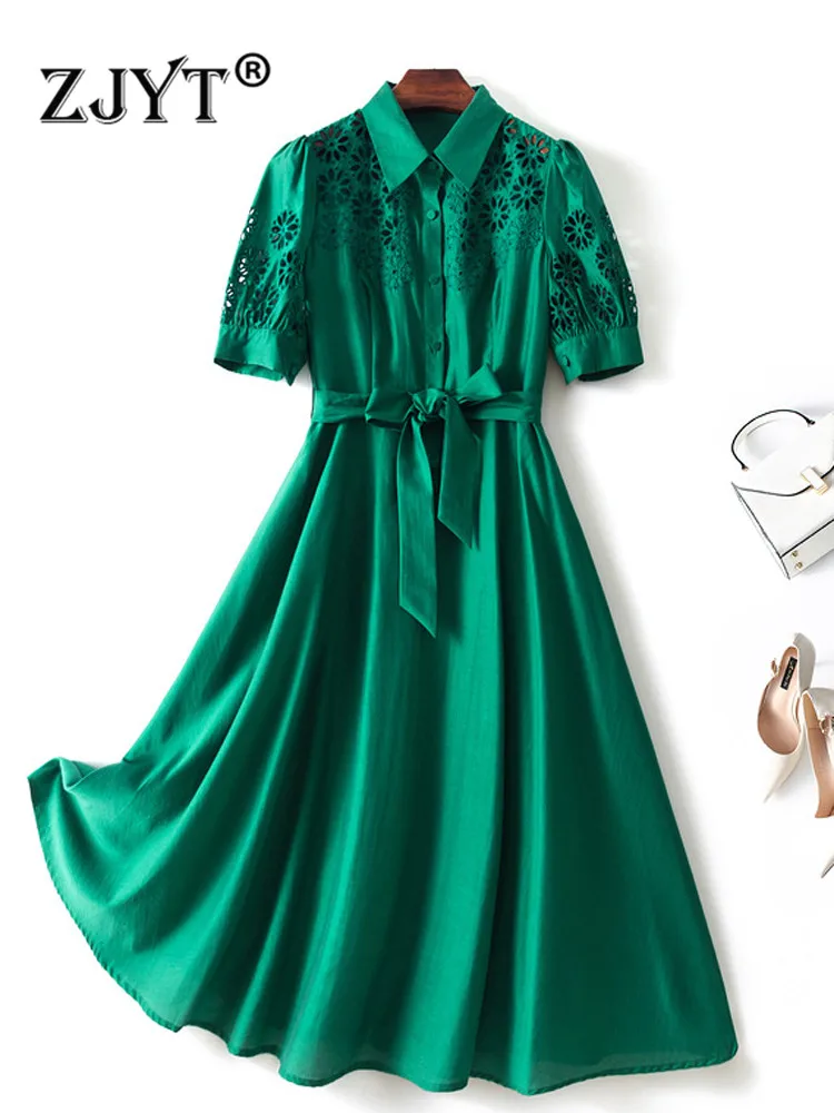 

ZJYT Luxury Designer Summer Hollow Out Embroidery Shirt Dress Women Elegant Turn Down Collar Sashes Casual Vintage Vestido Green