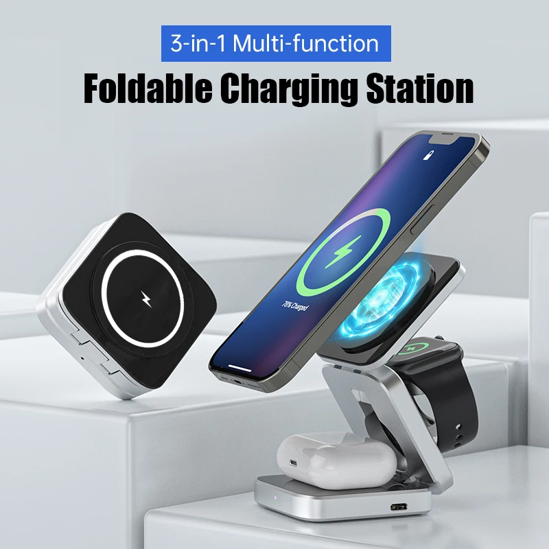 Portable 3 in 1 Foldable Wireless Charger Stand Dock for iPhone 14 13 Holder Magnetic Fast Charging Station for Apple Watch S8