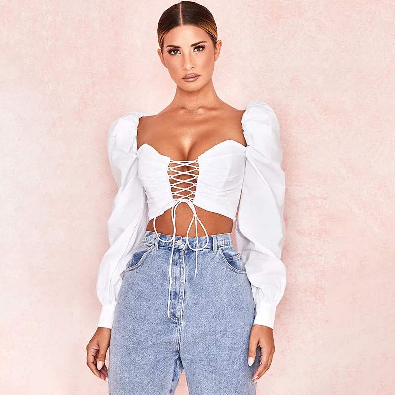 

White T-shirt Women Long Sleeve Top Y2k Crop Top 2022 Spring New Fashion Solid Color Bandage Sexy Blouses Womens Clothing E Girl