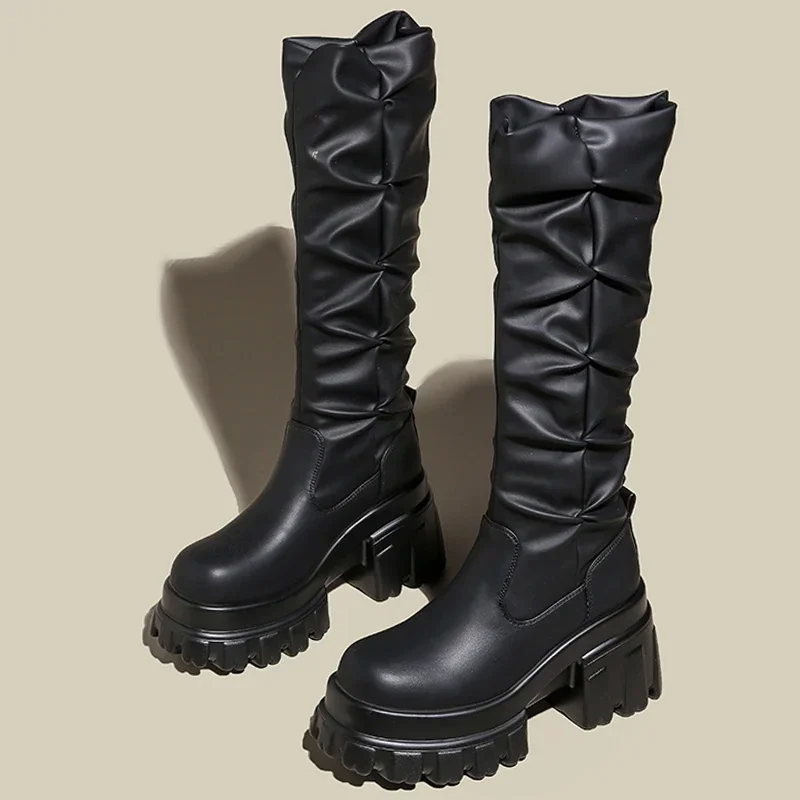 

Women Knee High Platform Shoes Pleated Chunky Flats Chelsea Boots 2024 Winter New Designer Brand Shoes Walking Motorcycle Boots