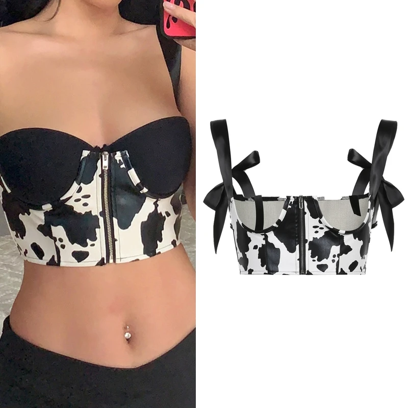 

Cow Pattern Push Up Cami for Tank Top Backless Tube Off Zipper Bustier Vintage Sleeveless for Tank Vest Top Pu Leather C