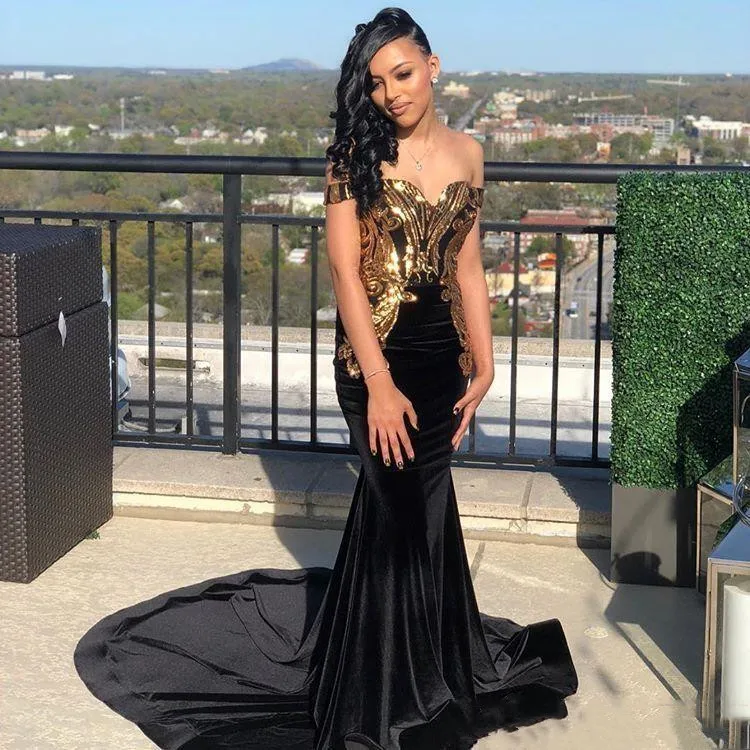 

Elegant Long Black Mermaid Prom Dresses Off Shoulder Sweep Train African Girls Formal Party Evening Gowns for Women