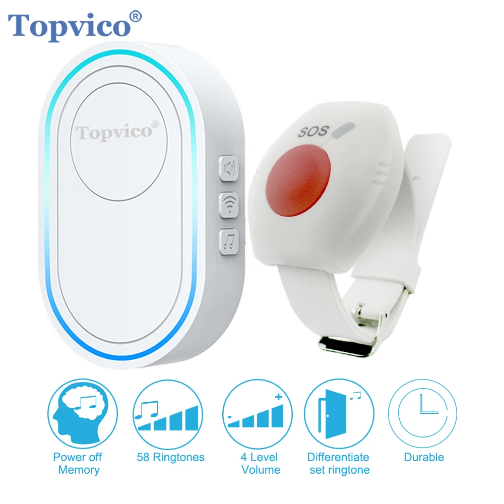 Topvico Panic Button Elderly Alarm System Caregiver Pager SOS Bracelet Emergency 433mhz Wireless Watch Call Senior Old People