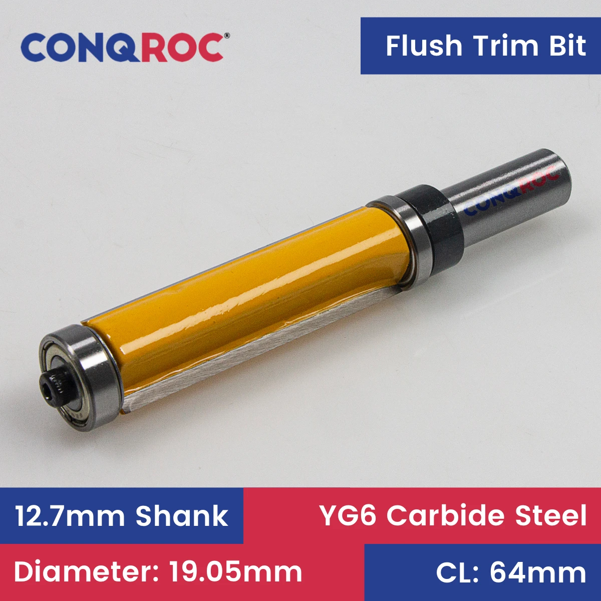 

1/2" (12.7mm) Shank Flush Trim Router Bit with Top and Bottom Bearing Diameter-19.05mm Cutting Length-64mm