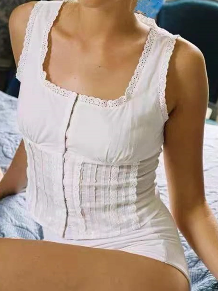 

2023 Women Lace Spliced White Crop Top Sexy Sleeveless Ladies Back Cross Lace-Up Bandage Summer Tank Tops