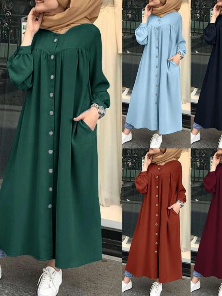 S-5XL Muslim Dress Women Hijab Shirt Dress Long Sleeve Maxi Vestidos Female Button Robe Femme Musulman High Wasit Solid Sundress