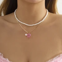 new fashion super cute pink strawberry pendant necklace women girls white pearls beaded fruit clavicle choker girl party jewelry