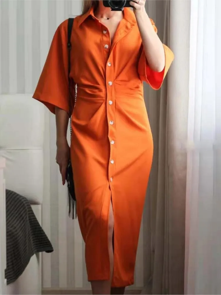 

Женское элегантное платье-рубашка y2k, шикарное модное драпированное платье средней длины на пуговицах, винтажные женские платья с коротким ...