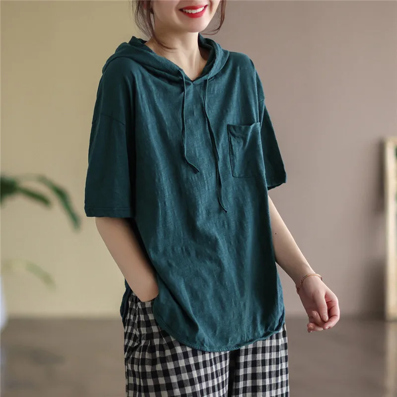 

Summer Solid Women t Shirt New Casual Short Sleeve Hooded Collar Loose Tops Slub Cotton Leisure Pocket Stitching Ladies Tee