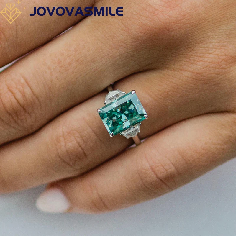 JOVOVASMILE Moissanite Diamond Ring 4.5carat 11x8mm Crushed Ice Hybrid Elongated Radiant Fancy Blue/Green Gem 18k White Gold