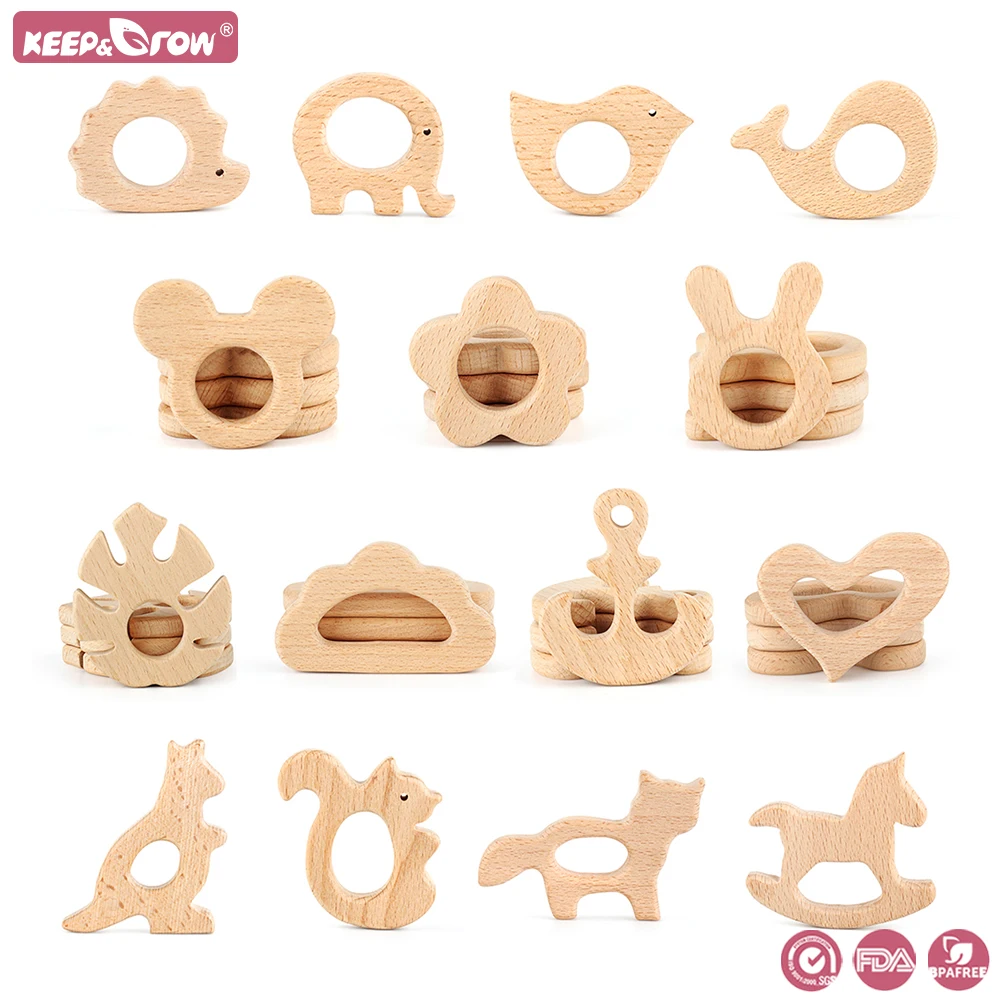 1pc Wooden Teether Animal Cartoon DIY Molar Rod Toys Wood Necklace Pendant Food Grade Beech Wood Teething Baby Teether