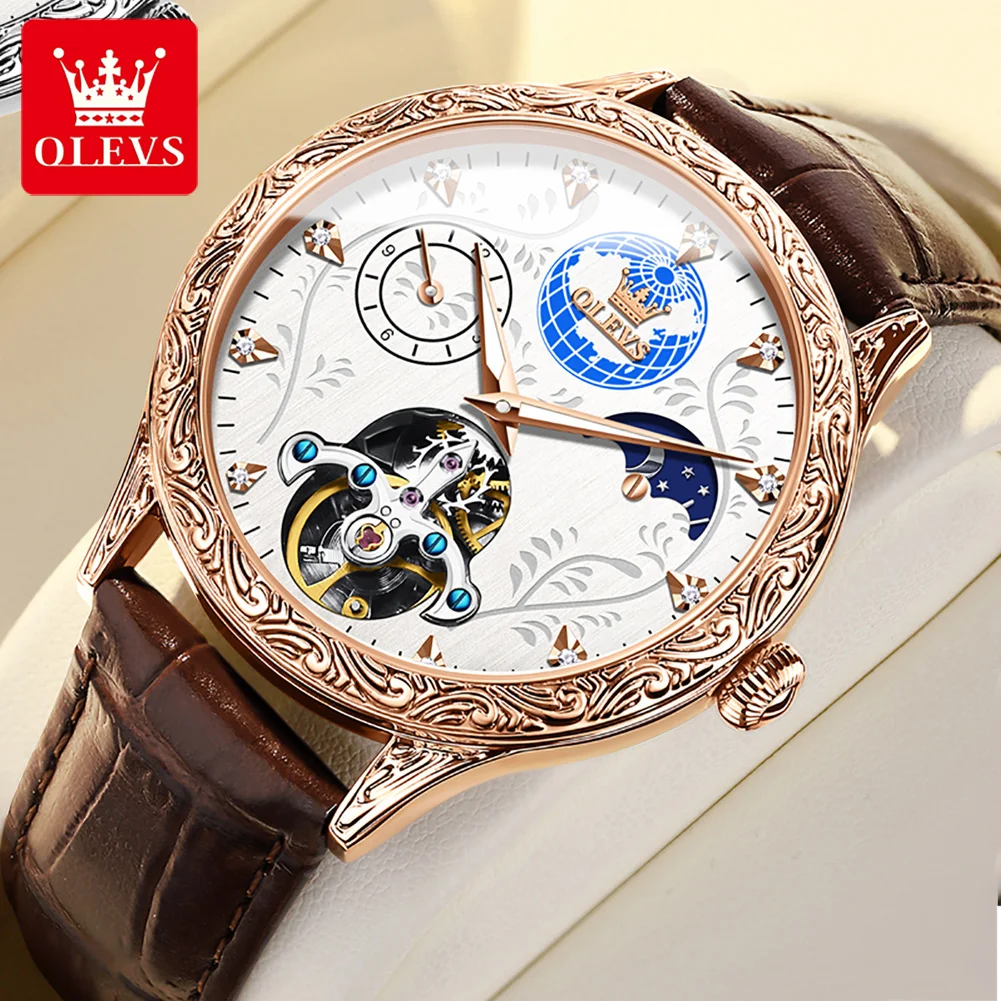 Мужские механические часы-скелетоны OLEVS Moon Phase мужские наручные часы с