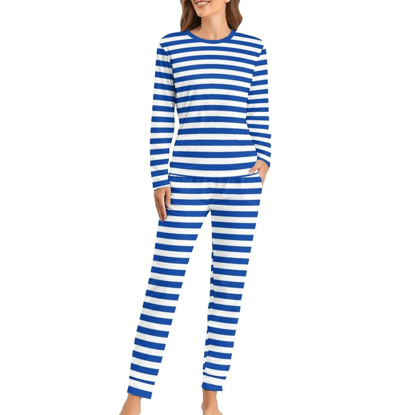 

Nautical Pajamas Blue and White Vertical Stripes Casual Oversized Sleepwear Female Long Sleeves Print Trendy Pajama Sets