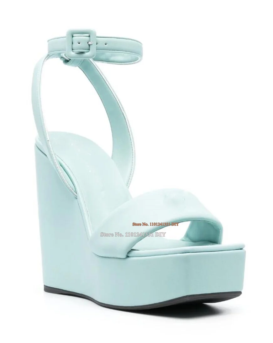 

Женские босоножки на танкетке, голубые босоножки на танкетке 130 мм с открытым квадратным носком, летняя Праздничная обувь на высокой танкетке