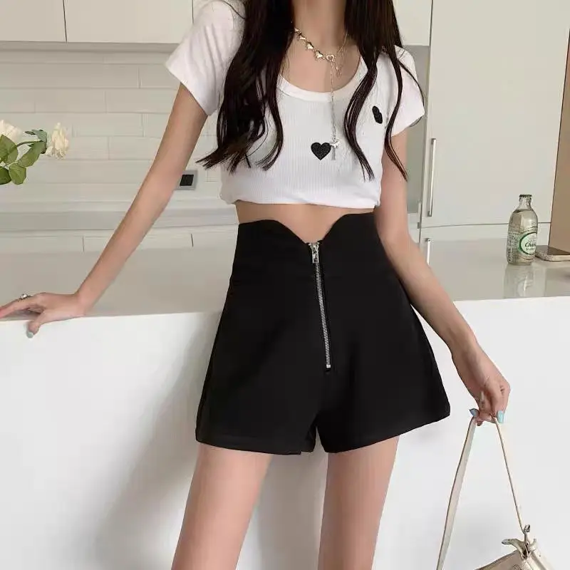 2023 Women Elegant High Waist  Zipper Fly All-match Chic Daily Solid Summer Wide Leg Shorts Suit Casual Design Basic W28