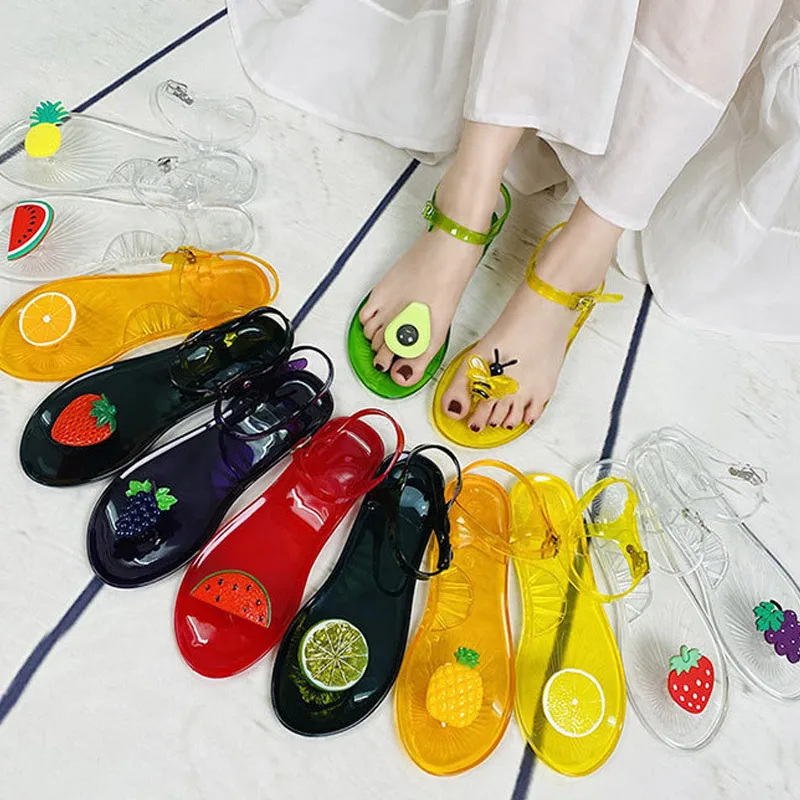 

Women Fruit Jelly Sandals PVC Flat Flip-flop Sandal Ladies 2024 Summer Outdoor Fashion Non-slip Buckle Strap Beach Shoes Slides