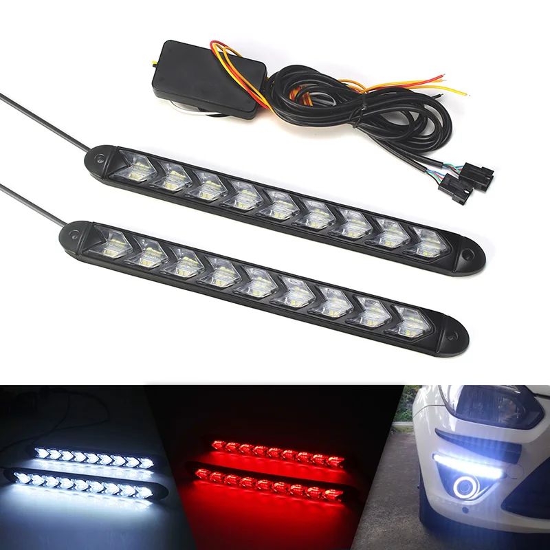 

2pcs Universal Car LED Daytime Running Light Waterproof Headlight Strip Sequential Flow Yellow Turn Signal White DRL Switchback
