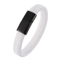 trendy men charm bracelets white braided leather bangles jewelry stainless steel magnet clasp fashion male wristband gift sp0006