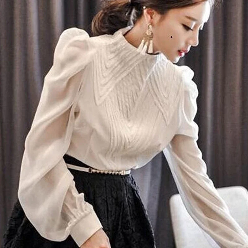 Блузка женская с длинным рукавом белая шифоновая блузка воротником-стойкой