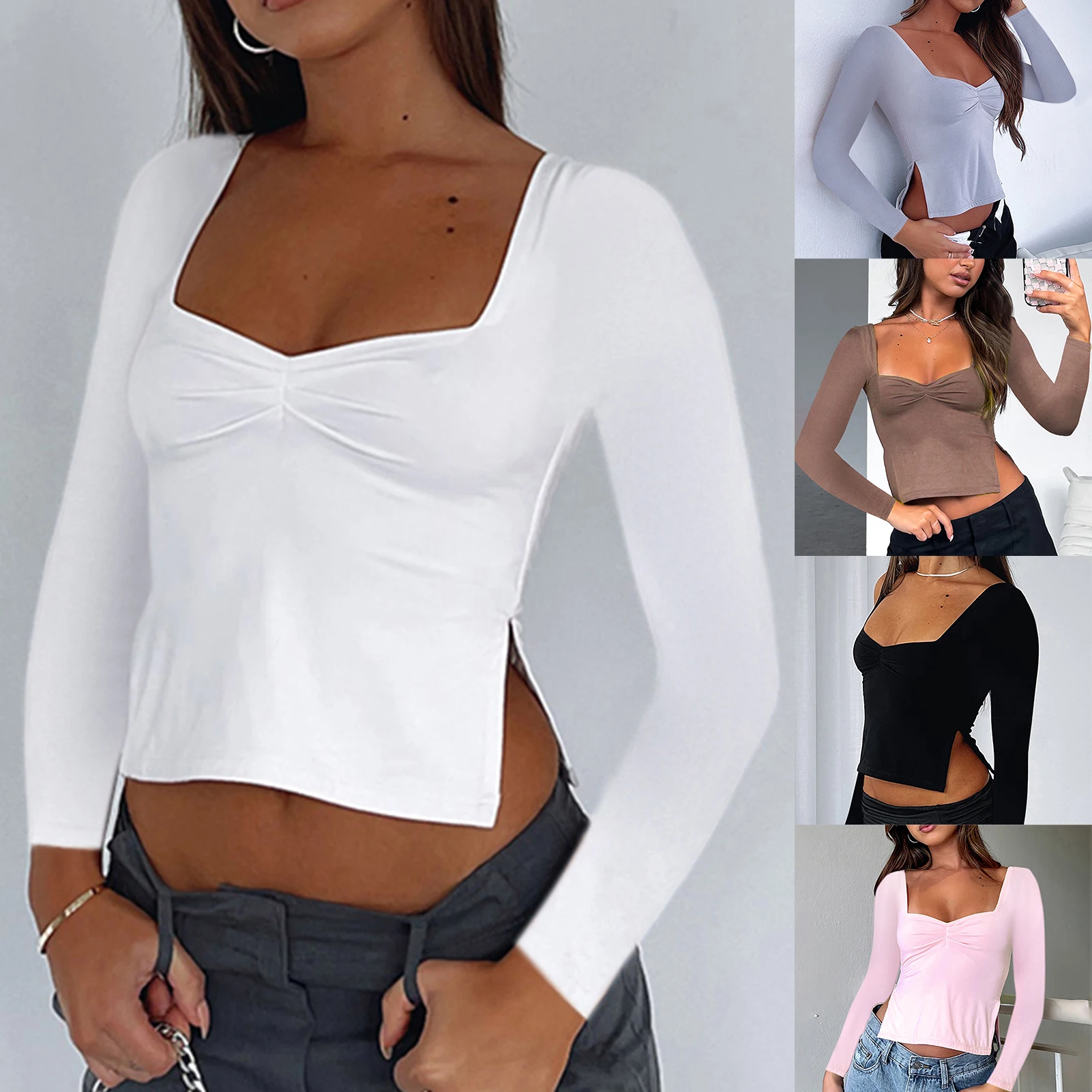 

Summer Top Shirt Long Sleeve Ladies Crop Tank Top Solid Color Pleated Bustier Top Slim FitStreetwear Suit Women Spicy Girl 2023