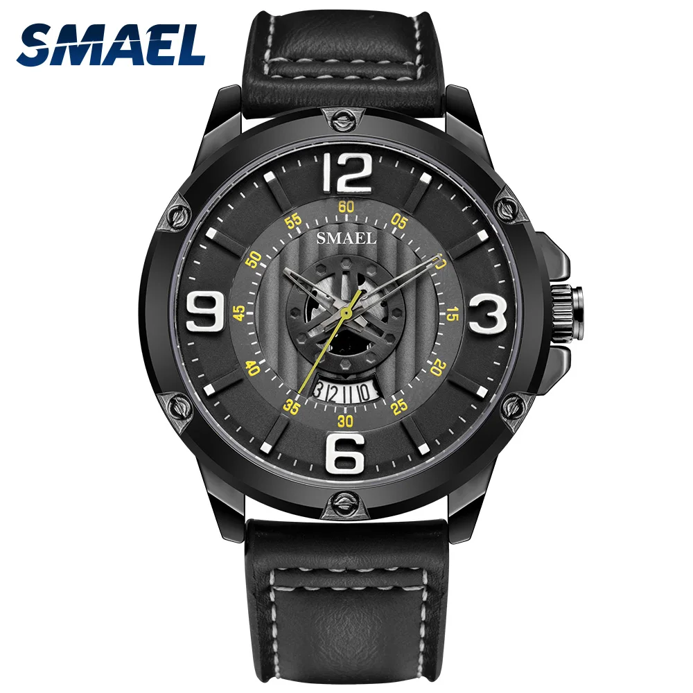 

SMAEL The Men's Watches Black Leather Watchband Calendar Clock 30M Waterproof Watch 9115 relogio masculino Quartz Wristwatches
