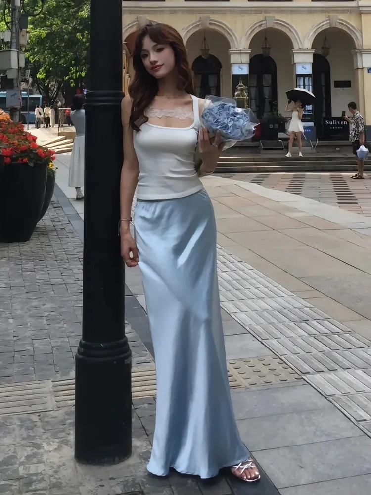 Blue Silky Satin High Waist Fishtail Skirt for Women Summer New High-Grade Drape Mid-Length Elegant A- line