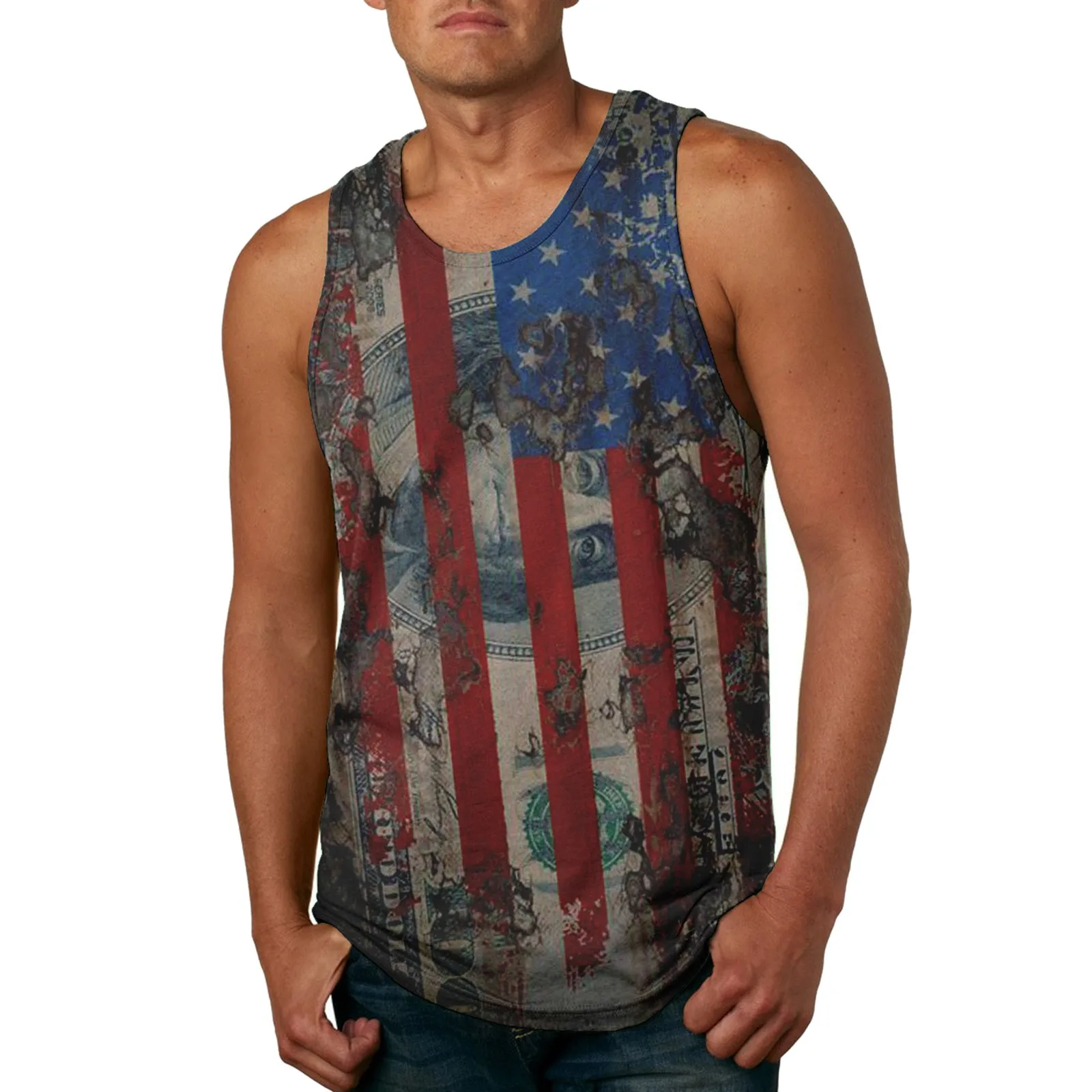 

Майка мужская с американским флагом, модная тенниска без рукавов, майка большого размера с выцветшим цифровым принтом в стиле Харадзюку, лето